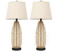 ZR98US Handmade Bohemian Rattan Lamp Set with USB Ports, 3 Color Temperatures, for Bedroom Nightstand