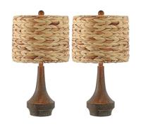ZR98US Handwoven Rattan/Resin LED Table Lamp Set of 2 with Brown Wood Finish Dining Bedroom Suitable for Living Room, Dormitory, Office,