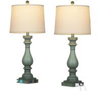 ZR98US Inch 3-Way Dimmable Touch Table Lamp with USB C+A Ports & AC Outlet Bedroom, Vintage Green 2-Pack Suitable for Living Room, Dormitory, Office,