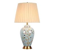 ZR98US Lamp Bedside Glazed Ceramic Hand Painted Flowers and Birds Nightstand Light with Fabric Lampshade Table Lamps For Living Room Color Button Switch