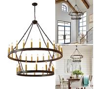 ZR98US Large Farmhouse Rustic Wheel Tier Metal Pendant Lights, Black Gold Candle Chandelier Ceiling Light for Dining Room, Foyer, Kitchen 48 Inc