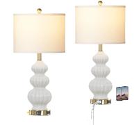 ZR98US Three-Gourd Ceramic Table Lamp Set of 2 with USB Ports and AC Power Outlet, Unique for Living Room, Dormitory, Office (Blue)