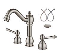 ZR98US Widespread Bathroom Sink Faucet - Antique Brass, Double Lever Handle, 3 Hole Deck Mount Mixer Tap with Pop Up Drain Assembly - Ideal for Vanities and Basins