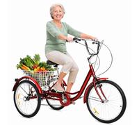 ZRLYbau Triciclo Bicicleta Adulto 24 Pulgadas 7 Velocidades 3 Ruedas con Cesta Trasera Cuadro Bajo para Padres Mayores Mujeres Compras Cardio Aire Libre Ocio Red