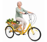 ZRLYbau Triciclo Bicicleta Adulto 24 Pulgadas 7 Velocidades 3 Ruedas con Cesta Trasera Cuadro Bajo para Padres Mayores Mujeres Compras Cardio Aire Libre Ocio Yellow