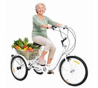 ZRLYbau Triciclo Bicicleta Adulto 24 Pulgadas 7 Velocidades 3 Ruedas con Cesta Trasera Cuadro Bajo para Padres Mayores Mujeres Compras Cardio Aire Libre Ocio White