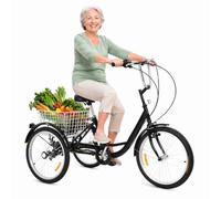 ZRLYbau Triciclo Bicicleta Adulto 24 Pulgadas 7 Velocidades 3 Ruedas con Cesta Trasera Cuadro Bajo para Padres Mayores Mujeres Compras Cardio Aire Libre Ocio Black