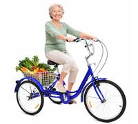 ZRLYbau Triciclo Bicicleta Adulto 24 Pulgadas 7 Velocidades 3 Ruedas con Cesta Trasera Cuadro Bajo para Padres Mayores Mujeres Compras Cardio Aire Libre Ocio Blue