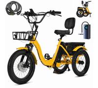 ZRLYbau Triciclo Eléctrico Adulto 7 Velocidades Trike con Canastas Delantera Trasera 18 Pulgadas Fat Tire Plegable 3 Ruedas con Respaldo Frenos de Disco Dobles Viajes Compras Exterior Yellow