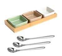 ZRUEWOT Set de Cuencos para Salsas de Cerámica con Bandeja de Madera - 3 Cuencos Colores Pastel Mate, Con Cucharita, Para Salsas Tapas Sushi BBQ, Bandeja Aperitivo y Snacks