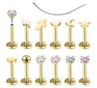 ZS 12 piercings de acero inoxidable de 16 G/18 G para labio Medusa Monroe, joyería de rosca interna, tragus, hélice, caracola, cartílago, para mujeres y hombres, 18g, L:8mm, Acero inoxidable, Circonia