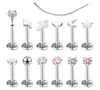 ZS 12 piercings de acero inoxidable de 16 G/18 G para labio Medusa Monroe, joyería de rosca interna, tragus, hélice, caracola, cartílago, para mujeres y hombres, 16g, L:6mm, Acero inoxidable, Circonia