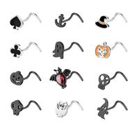 ZS 12 Piezas Nariz Stud Acero Inoxidable 20G Halloween - Forma De L Piercing Nariz Hipoalergénicos Para Mujeres Hombres Plateados Negros Murciélago Calabaza Calavera (Negro, Sacacorchos)