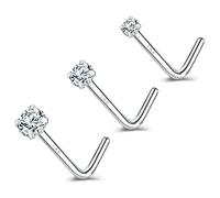 ZS 18K Oro Real 20G Nariz Anillo para Mujeres Hombres, 1.5mm 2mm 3mm CZ Diamante Simulado, Sólido 7mm Piercing Nariz Stud Joyas para el Cuerpo (Forma de L,Transparente)