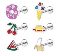 ZS 6 aretes de tuerca de acero inoxidable con rosca interna de cereza, sandía, para tragus, hélice, caracola, 16 G/18 G, lindo piercing de medusa, labio, nariz, monroe, joyería para mujeres y hombres