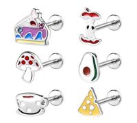 ZS 6 aretes de tuerca de acero inoxidable con rosca interna de cereza, sandía, para tragus, hélice, caracola, 16 G/18 G, lindo piercing de medusa, labio, nariz, monroe, joyería para mujeres y hombres