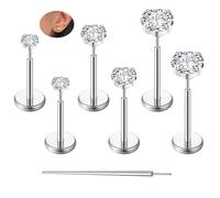 ZS 6 piercings de acero inoxidable con parte trasera plana, hipoalergénicos, sin rosca, para mujer, aretes de tuerca para cartílago, piercing Medusa Monroe, Circonia cúbica, Circonia cúbica