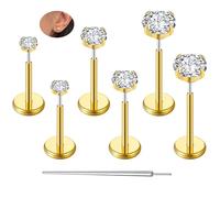 ZS 6 piercings de acero inoxidable con parte trasera plana, hipoalergénicos, sin rosca, para mujer, aretes de tuerca para cartílago, piercing Medusa Monroe, Circonia cúbica, Circonia cúbica