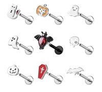 ZS 9 Piezas Piercings Labiales Acero Inoxidable, 16G Internally Threaded Piercing Labio Medusa Monroe Para Mujer Hombre Murciélago Fantasma Calavera (Plata,L:6mm)