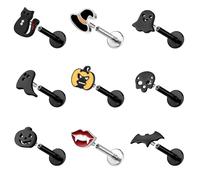 ZS 9 Piezas Piercings Labiales Acero Inoxidable, 16G Internally Threaded Piercing Labio Medusa Monroe Para Mujer Hombre Murciélago Fantasma Calavera (Negro,L:8mm)