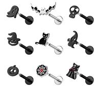 ZS 9 Piezas Piercings Labio Halloween Acero Inoxidable, 16G Interna Monroe Medusa Tragus Parte Trasera Para Mujeres Hombres Murciélago Fantasma Calaver (Negro,L:6mm)