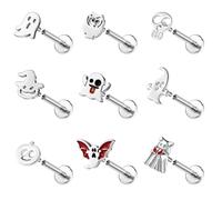 ZS 9 Piezas Piercings Labio Halloween Acero Inoxidable, 16G Interna Monroe Medusa Tragus Parte Trasera Para Mujeres Hombres Murciélago Fantasma Calaver (Plata,L:6mm)