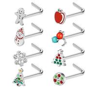 ZS Sacacorchos de nariz con diseño de Papá Noel, de acero inoxidable de 20 g, para árbol de Navidad, piercing de nariz en forma de L, para mujeres y hombres, Acero inoxidable, No es una piedra