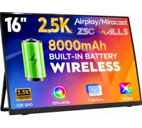 ZSCMALLS Monitor portátil inalámbrico de 16 pulgadas con resolución QHD de 2.5K (opción con cable), batería integrada de 8000 mAh, rotación automática, pantalla externa USB-C y Mini HDMI, 500 nits