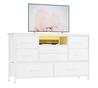 Zstar Cómoda con Mueble para TV De 32, 42 y 50 Pulgadas, Centro De Entretenimiento con Luces LED y Estación De Carga, Cómoda con 8 Cajones De Tela y Estantes Abiertos para Sala De Estar y Pasillo.