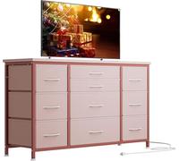 Zstar Cómoda para Dormitorio con 10 cajones, Marco de Metal, Armario de TV de Tela con 3 enchufes, decoración Moderna, Tablero de Mesa de Madera, cómoda para Dormitorio, salón, 120 x 39 x 70 cm, Rosa