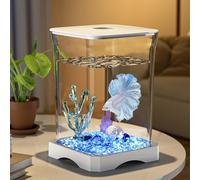 Zstar Kit de Inicio de Acuario con luz Ambiental, Orificio de alimentación Superior, pequeño Tanque de Peces decoración de Escritorio Betta para Peces y gambas, Vidrio Blanco