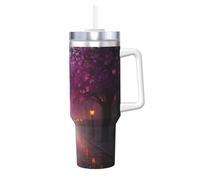 ZSUUGJ Cherry Blossom Lane - Vaso de acero inoxidable aislado de 40 onzas con asa, taza de viaje con tapa para bebidas frías y calientes, adecuado para el hogar, la oficina y el coche