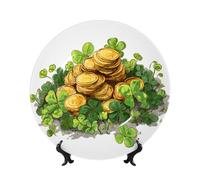 ZSUUGJ Clover - Plato decorativo de porcelana con forma de moneda dorada con soporte y gancho, adorno de pared y mesa, ideal para sala de estar, estudio, 8 pulgadas/10 pulgadas