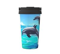 ZSUUGJ Dolphin Leap Joyful Sea Carry - Taza de café aislada con anillo de transporte retráctil, tapa a prueba de fugas de una sola presión, taza térmica de viaje de acero inoxidable 304