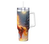 ZSUUGJ Fire Horse Night - Vaso aislado de 40 onzas con asa y tapa con pajilla, taza de viaje, taza de café, botella de agua reutilizable, ideal para coche, trabajo, regalo