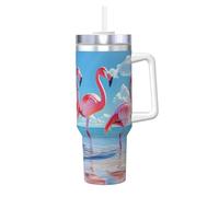 ZSUUGJ Flamingo - Vaso aislado de 40 onzas con asa y tapa con pajilla, taza de viaje, taza de café, botella de agua reutilizable, ideal para coche, trabajo, regalo