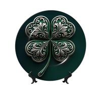 ZSUUGJ Golden Clover Elegance - Plato decorativo de porcelana con soporte y gancho, adorno de pared y mesa, ideal para sala de estar, estudio, 8 pulgadas/10 pulgadas