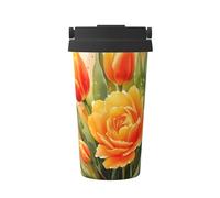 ZSUUGJ Golden Rose Blossoms Carry - Taza de café aislada con anillo de transporte retráctil, tapa a prueba de fugas, taza térmica de viaje de acero inoxidable 304