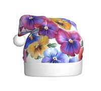 ZSUUGJ Gorro de Papá Noel de felpa con flor de pensamiento para adultos, sombrero de vacaciones suave con ribete blanco y pompón, accesorio festivo reutilizable para el hogar, la oficina y la fiesta