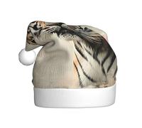 ZSUUGJ Gorro de Papá Noel de felpa de tigre para adultos, sombrero de vacaciones suave con ribete blanco y pompón, accesorio festivo reutilizable para el hogar, la oficina y la fiesta