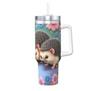 ZSUUGJ Happy Hedgehogs - Vaso aislado de 40 onzas con asa y tapa con pajilla, taza de viaje, taza de café, botella de agua reutilizable, ideal para coche, trabajo, regalo