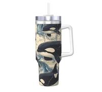 ZSUUGJ Killer Whale - Vaso aislado de 40 onzas con asa y tapa con pajilla, taza de viaje, taza de café, botella de agua reutilizable, ideal para coche, trabajo, regalo