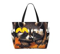 ZSUUGJ Raccoon In The Fall Tree Hole - Bolsa de playa extragrande con bolsillos con cremallera, impermeable, a prueba de arena, para piscina, picnic, gimnasio y viajes