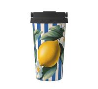 ZSUUGJ Taza de café aislada con diseño de hojas y flores de limón y rayas blancas con anillo de transporte retráctil, tapa a prueba de fugas de una sola presión, taza térmica de viaje de acero