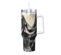 ZSUUGJ Wolf Golden Moon - Vaso aislado de 40 onzas con asa y tapa con pajilla, taza de viaje, taza de café, botella de agua reutilizable, ideal para coche, trabajo, regalo