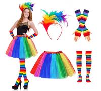 ZTBFHLZQ 4 Pcs Falda De Tul Para Mujer Tutu, Falda De Tul Con Paneles De Color Arcoíris, Arcoíris Retro 80s Tutu, Con Diademas De Plumas Arco Iris, Neón Guantes, Calcetines Hasta La Rodilla