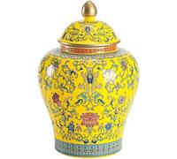 ZTCHSENZT Jarrón De Porcelana para Jengibre, Florero De Cerámica, 1 Jarrón De Jengibre Decorativo Amarillo con Tapa, Jarrón De Cerámica Antiguo, Jarrón De Cerámica con Estampado FL,Yellow-L
