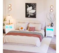 Ztexkee 2 Mesitas de Noche con Enchufe y Tira de luz LED, Mesita de Noche con Cerradura, Mesa Auxiliar con 3 Cajones y 1 Cajón Secreto para Dormitorio, Blanco