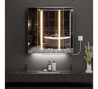 Ztexkee Armario Baño con Espejo LED iluminación y Función de Desempañadora 70x71x16 cm Armario Baño Espejo de Pared con Enchufe, 2 Compartimentos de Almacenamiento y una Lupa de 10x