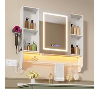 Ztexkee - Armario de baño con espejo con iluminación y antivaho, armario colgante con reloj y pantalla de temperatura, toma de corriente, toallero, soporte para secador de pelo y 7